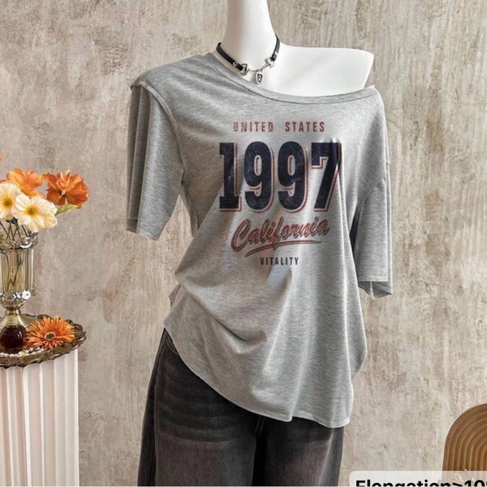 1997 California Off-Shoulder Graphic Tee - Gray